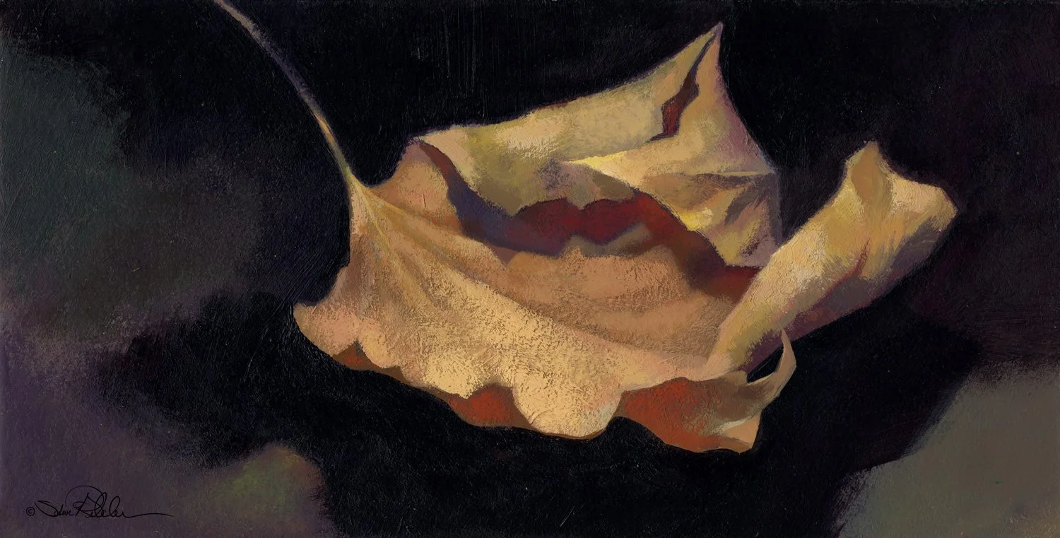 An acrylic painting of a golden brown fall leaf against a dark brown-violet background.