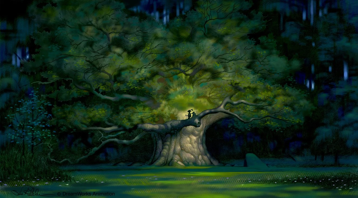 Digital concept art of the Puss ‘n Boots tree in a dark forest setting, with Puss ‘n Boots standing on the front branch illuminated by a spot of sunlight, for the film Shrek 2.