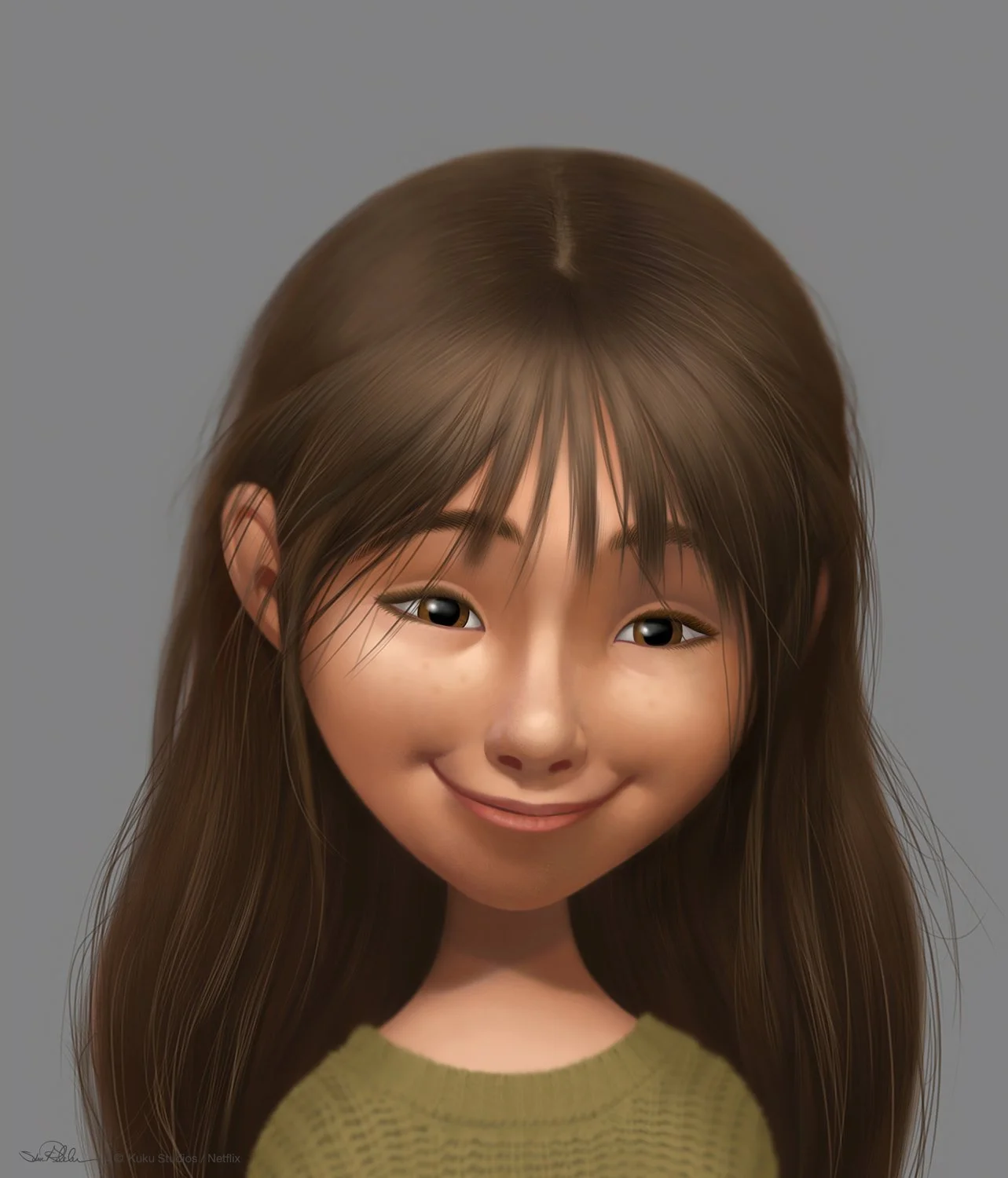 Digital painting of Stevie character with brunette hair, smiling and wearing an olive colored sweater, for the film In Your Dreams.