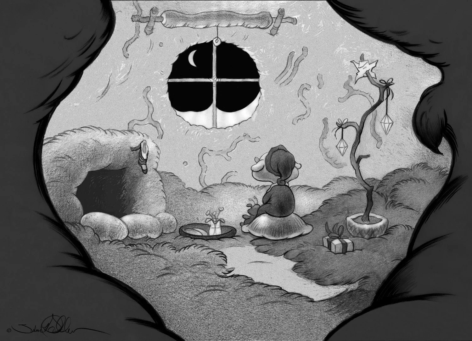A fantasy drawing of a small elf-like character sitting on a toadstool looking out a snow covered window inside his mossy forest home waiting for Santa.