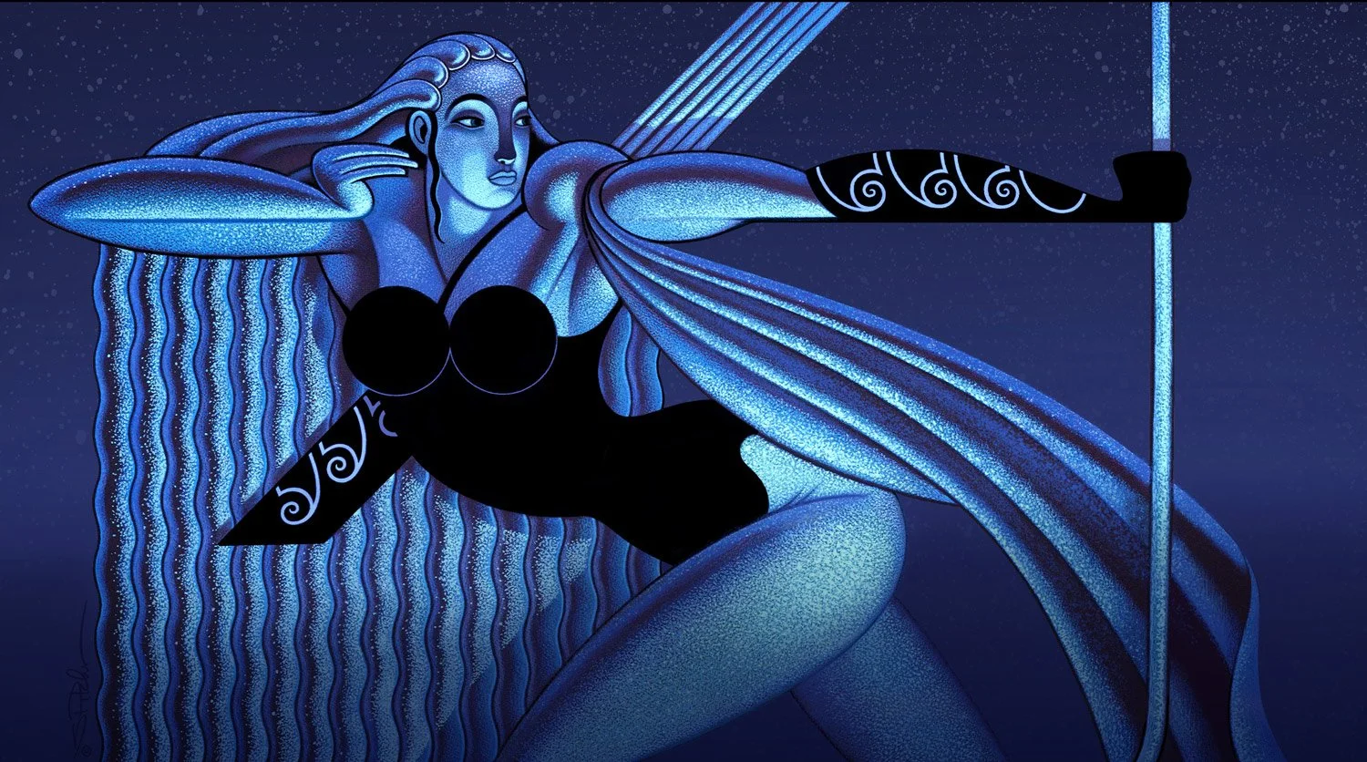 A colored pencil and gouache fantasy painting in black and blue of a the Greek goddess “Artemis” drawing her bow, in a graphic art nouveau style.