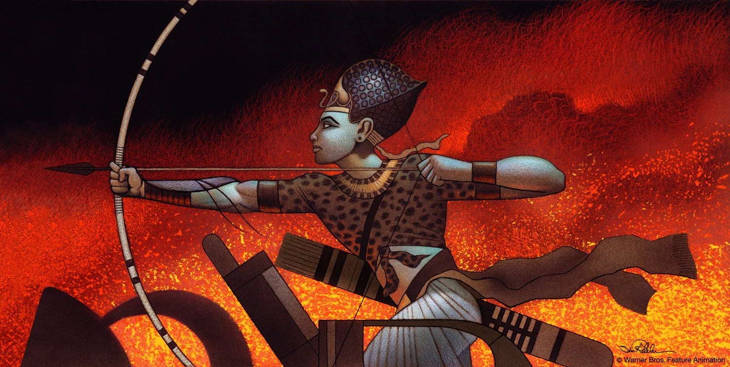 Colored pencil and gouache painting, concept art of King Tut riding a chariot while drawing a bow, against an orange and red fiery colored background, for an Egyptian themed film.