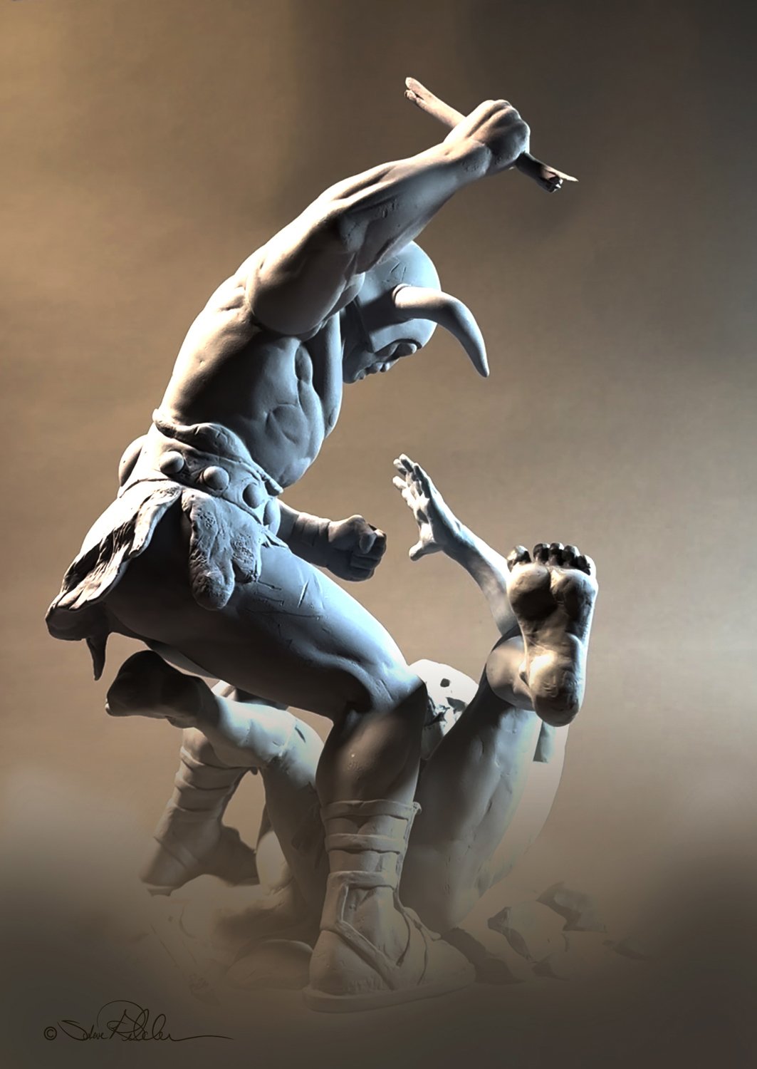 Sculpture of a muscular barbarian warrior holding a piece of broken spear high in his right hand battling a Mudman warrior on the ground clutching a broken spear, in a brown dusty setting.