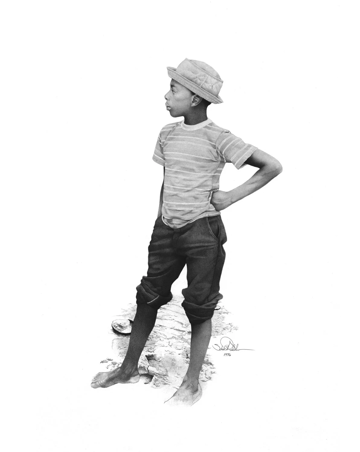 A pencil drawing of a young Jamaican boy standing on a sand beach with his hand on his hip wearing a striped t-shirt, shorts and a hat, in a subtle detailed vignette rendition on a white background.