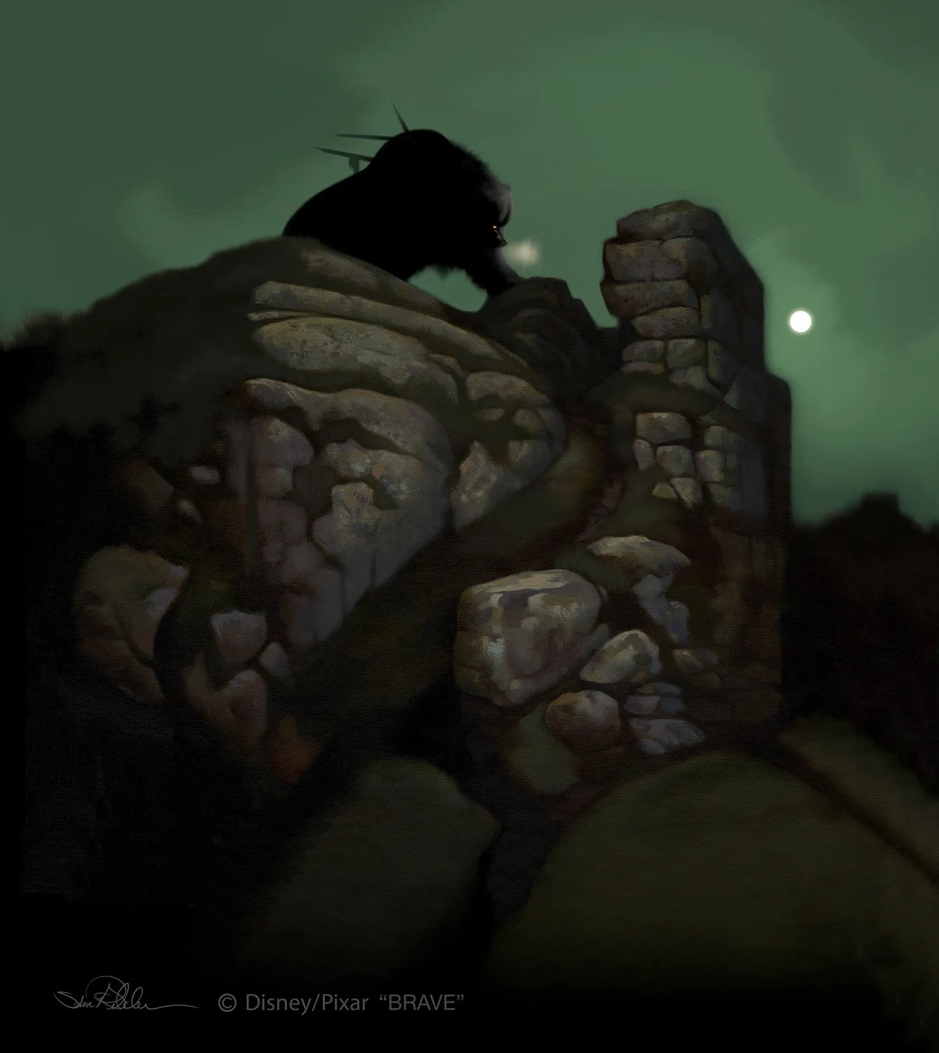 Oil and digital concept painting of Mordu, a dark bear, on top old stone ruins, with a green night sky and a glowing moon in the distance, in the style of the film Brave.