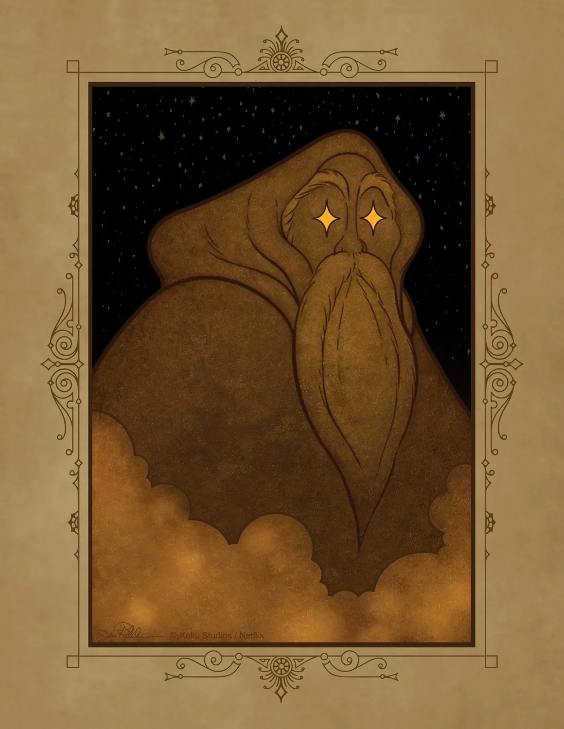 Digital painting of the Sandman surrounded by a decorative border from a page from the book, the Legend of the Sandman, for the film In Your Dreams.