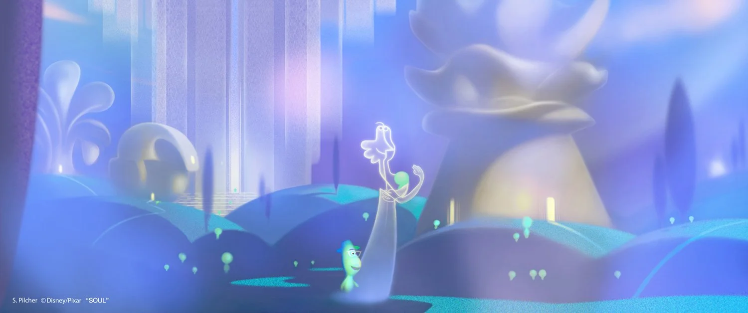 Digital concept art of Soul landscape in pastel tones with counsellor character carrying baby soul in the art style of the film Soul.