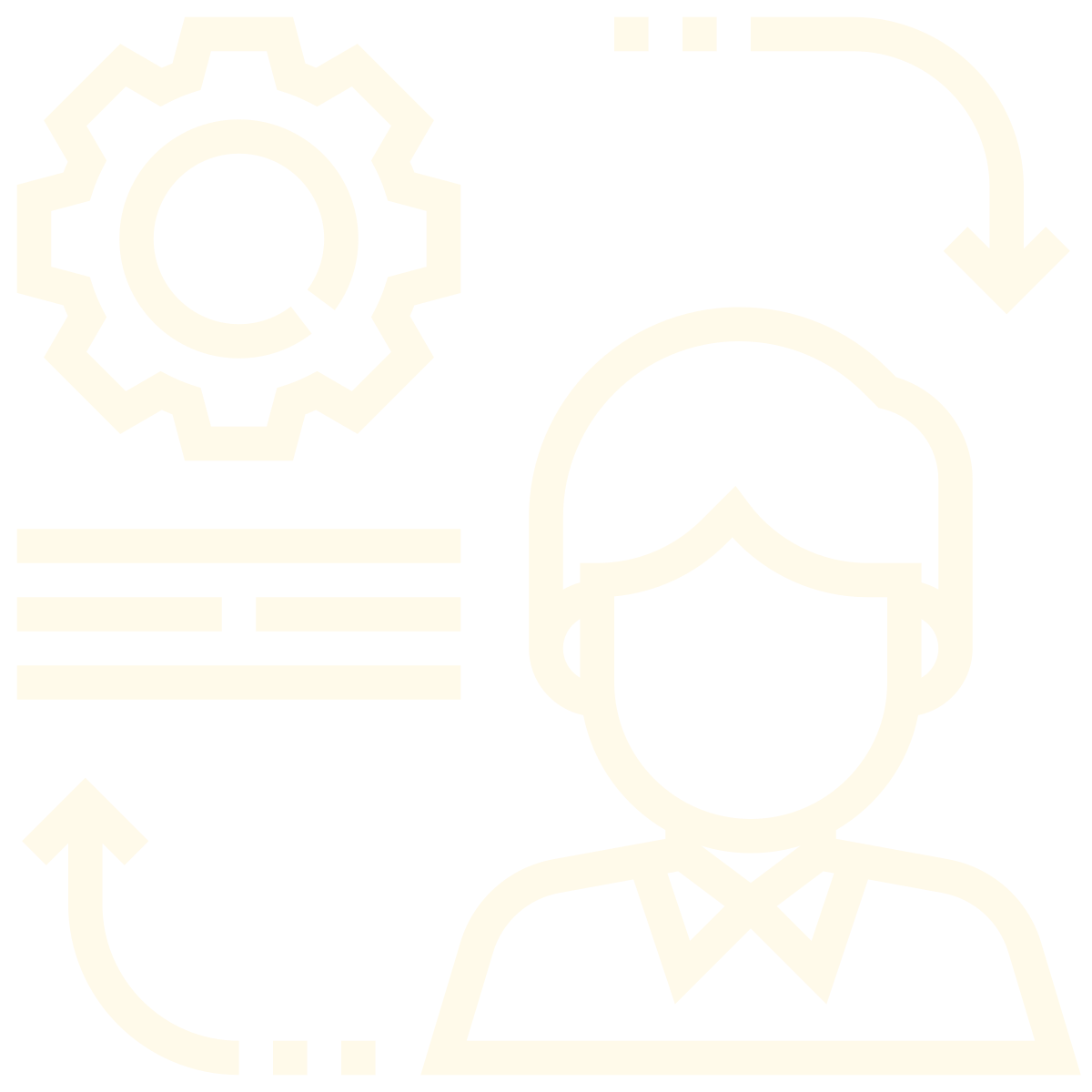 Icons depicting worker management or process flow, including a person's headshot, a gear, a document, and arrows indicating a cycle or process.