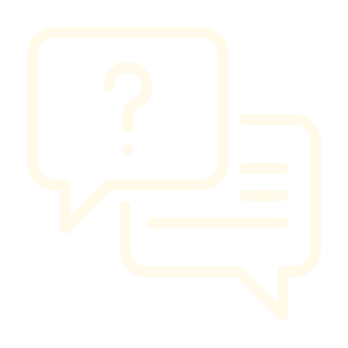 Icon with two overlapping speech bubbles, one containing a question mark, representing communication or inquiry.