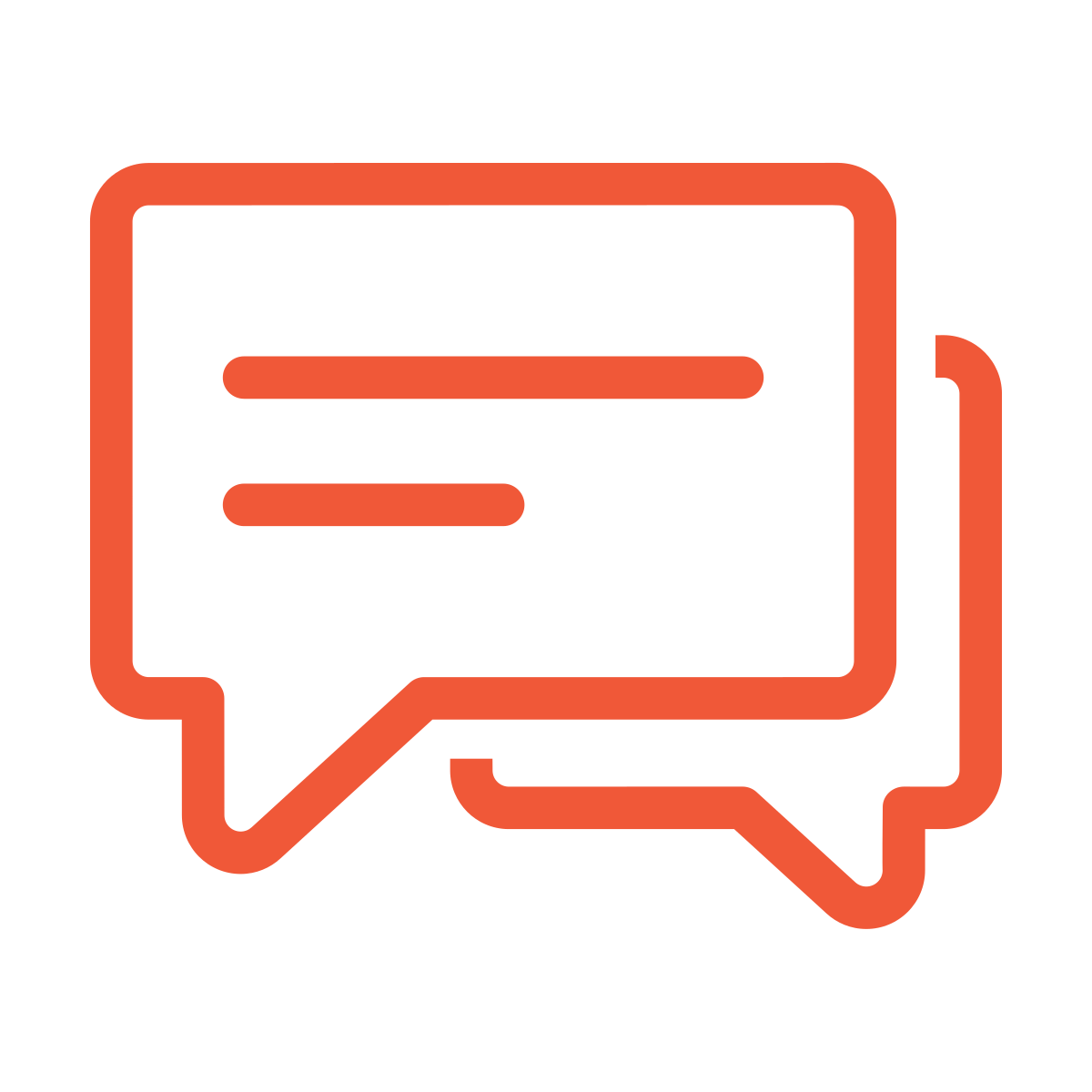 Two overlapping speech bubbles in orange outline, one with lines indicating text.