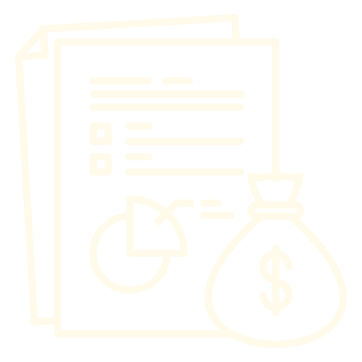 Icon of financial documents, including a sheet with charts and a money bag with a dollar sign.