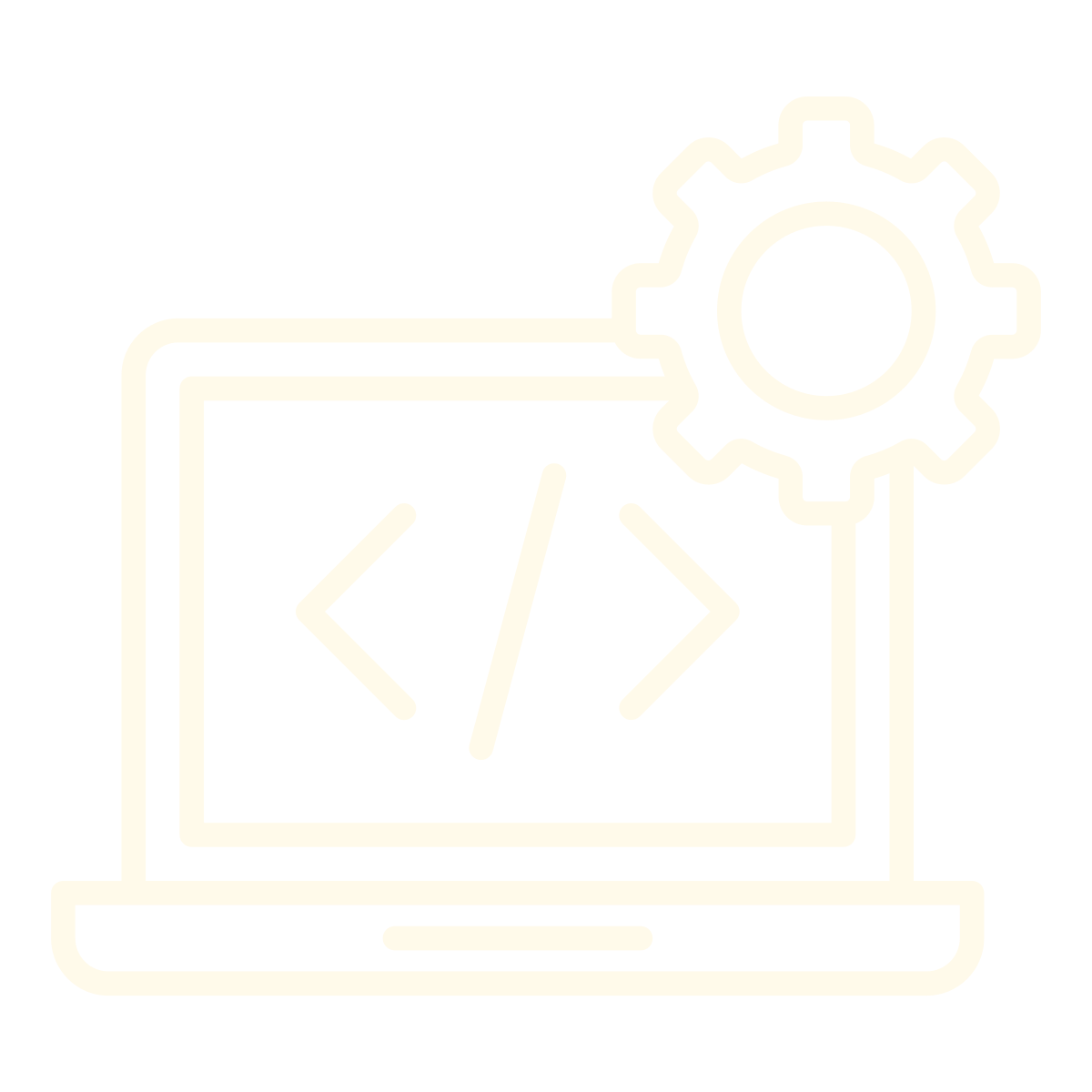 Outline icon of a laptop with a gear and code brackets on the screen, representing software development or programming.