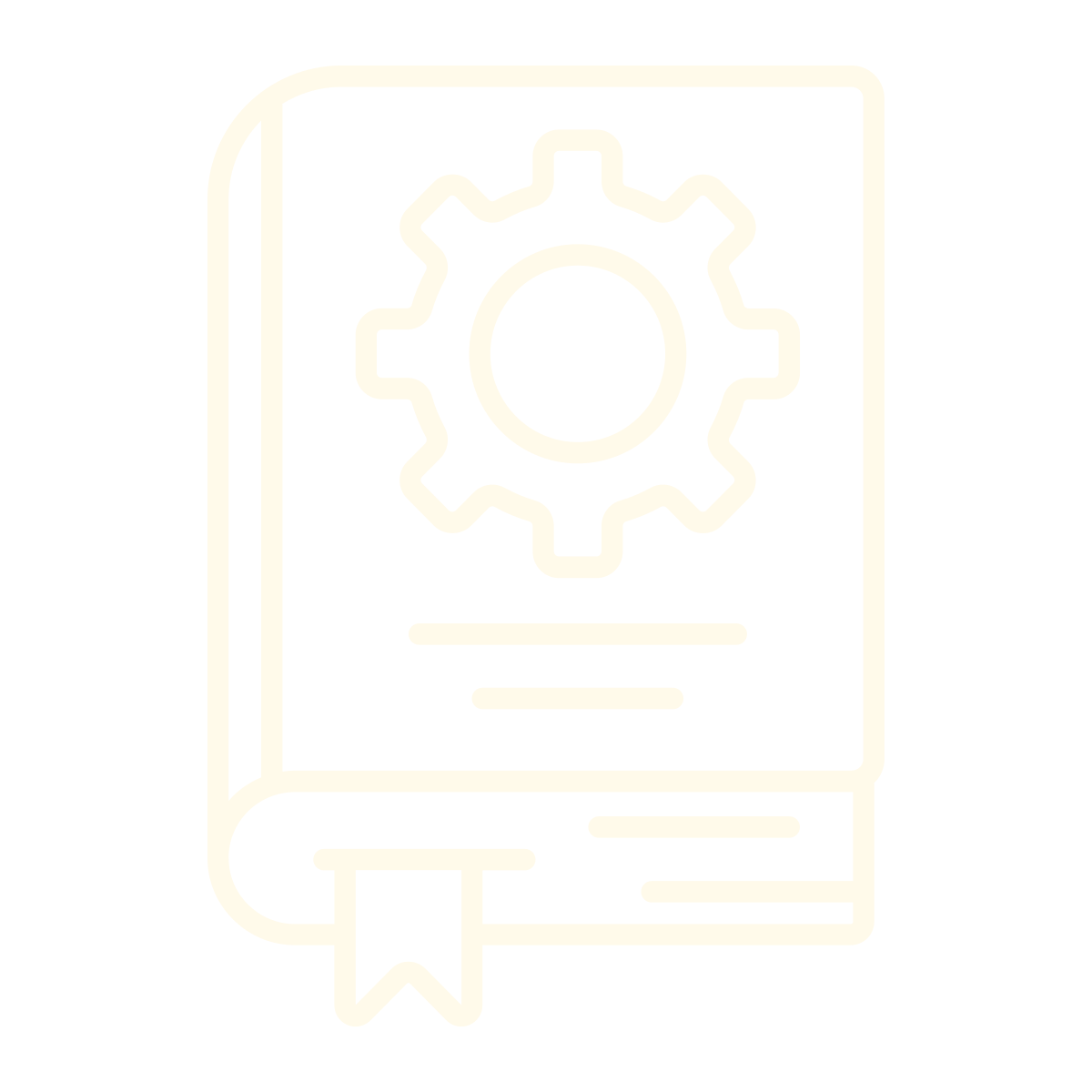 Outline icon of a book with a gear symbol on the cover, representing a manual or guide related to settings or technology.