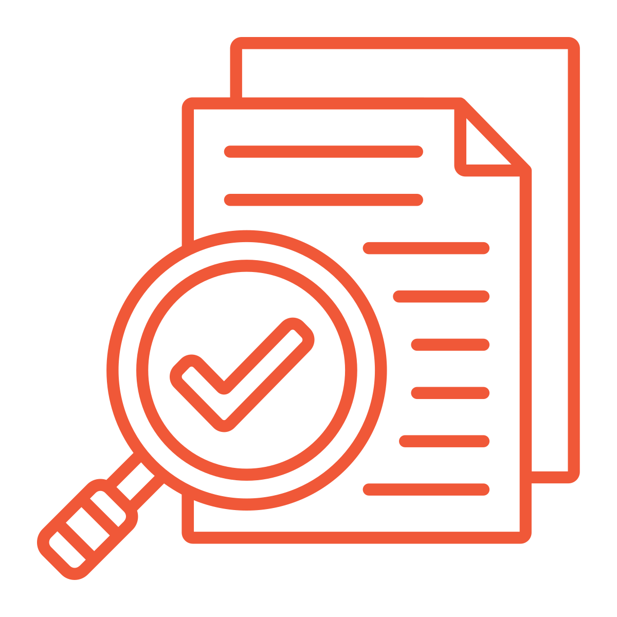 Outline of a document with a magnifying glass over a checkmark symbol.