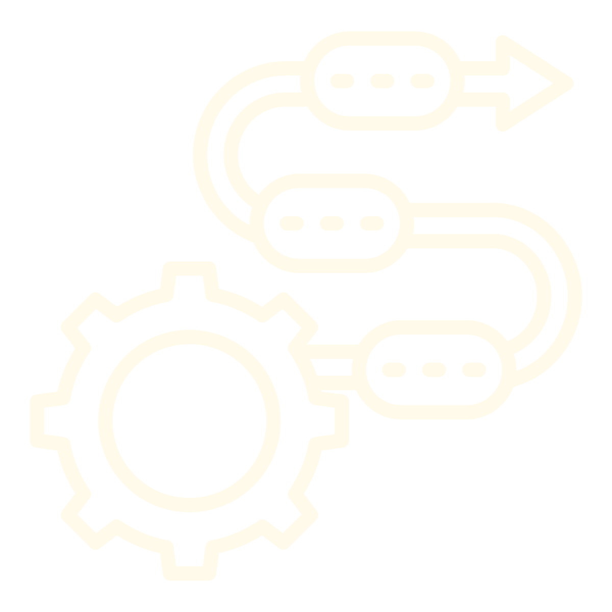 Diagram of a gear and interconnected flowchart on a black background, representing process automation or system workflow.