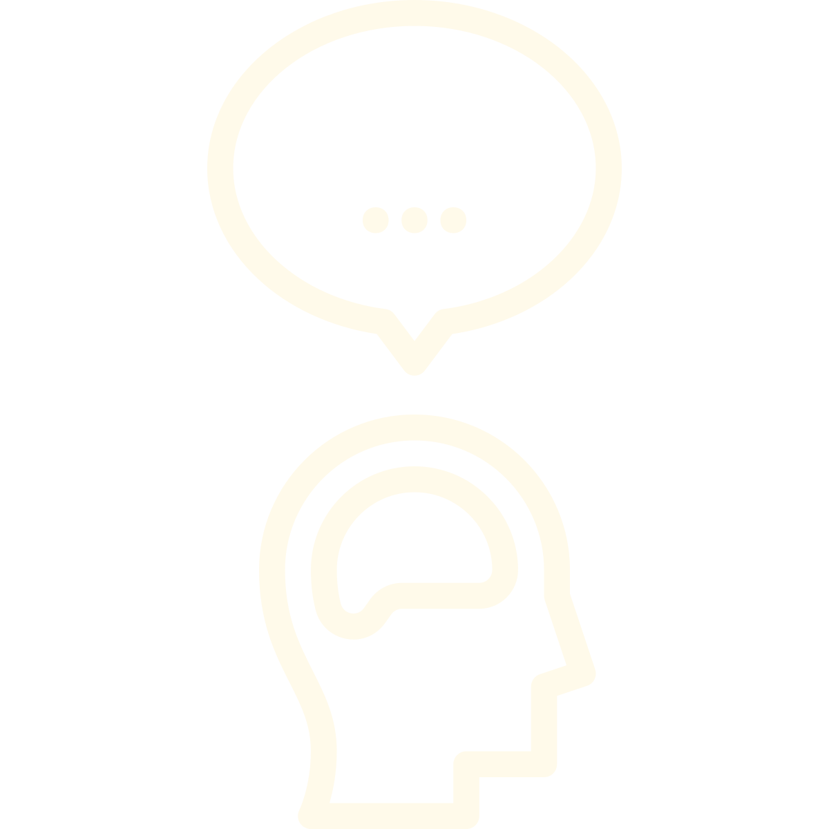 A stylized icon of a human head in profile with a brain outlined inside and a speech bubble with three dots above it.