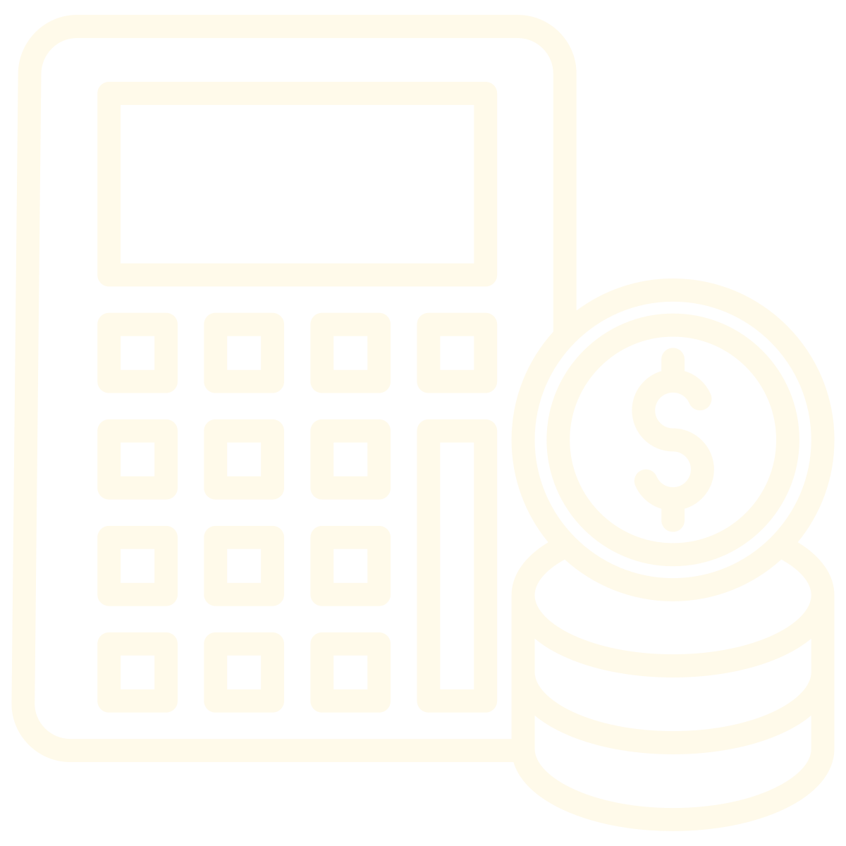 Outline of a calculator with a display screen, a keypad, and a row of coins with a dollar sign on one of them.