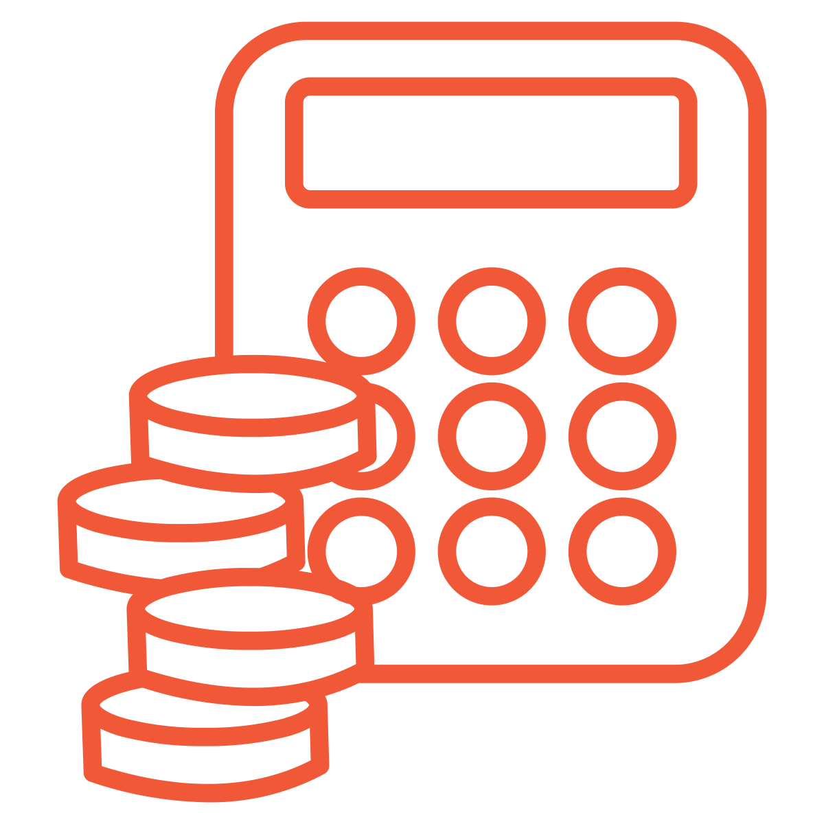 Outline icon of a calculator with a stack of coins in front of it.