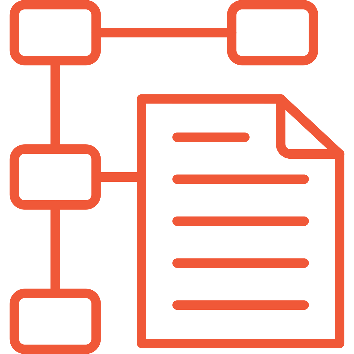 Outline of a flowchart or diagram with interconnected squares on the left and a document icon with lines of text on the right.