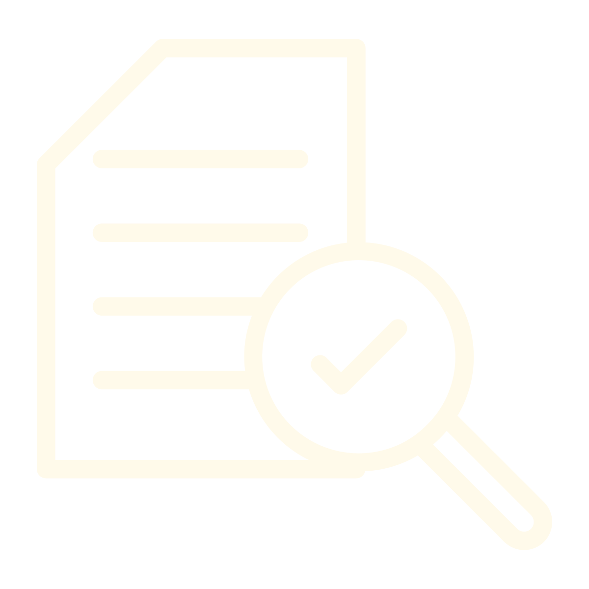 Icon of a document with lines of text, a magnifying glass with a check mark, symbolizing document review or verification.
