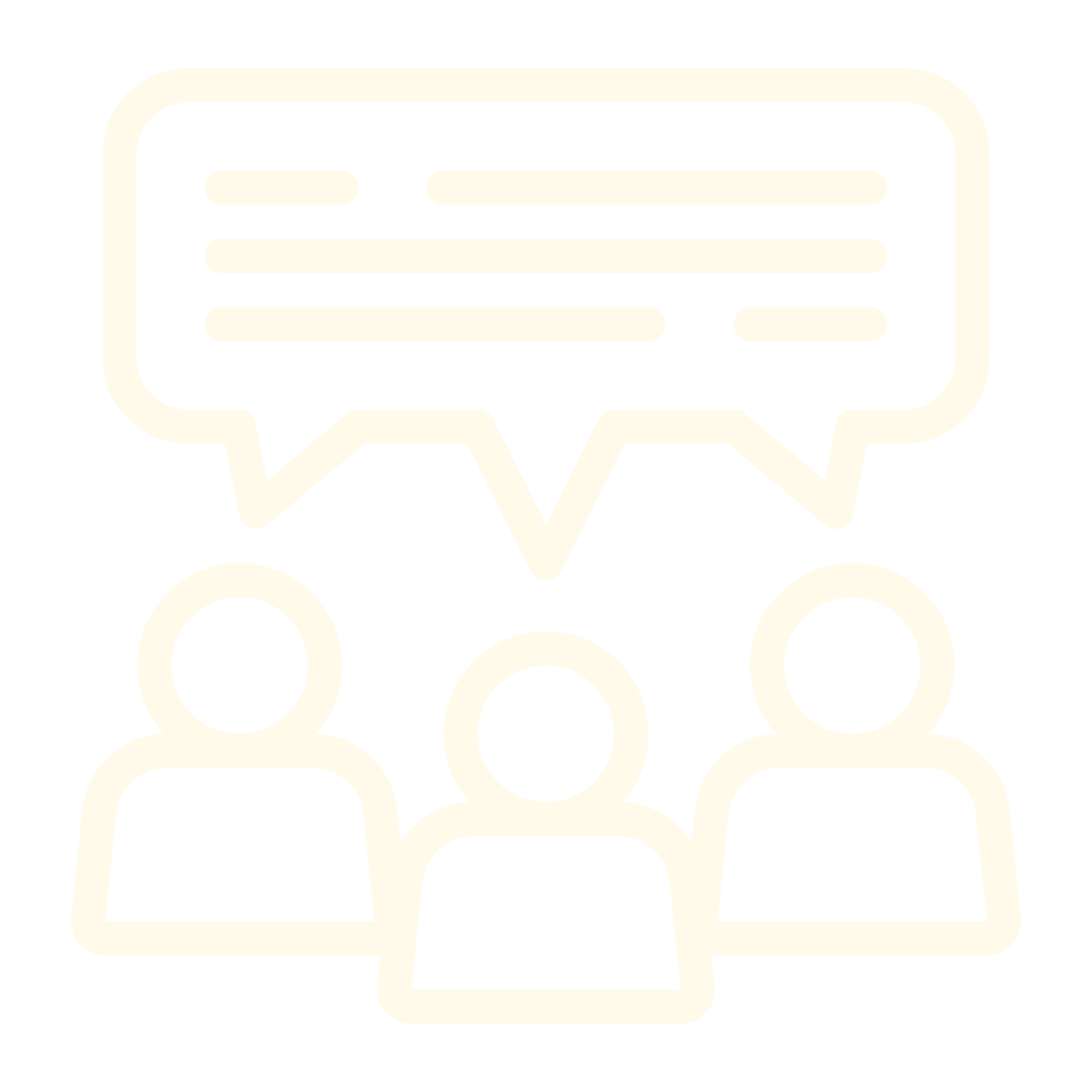 Icon of three people with a speech bubble above them containing lines representing text.