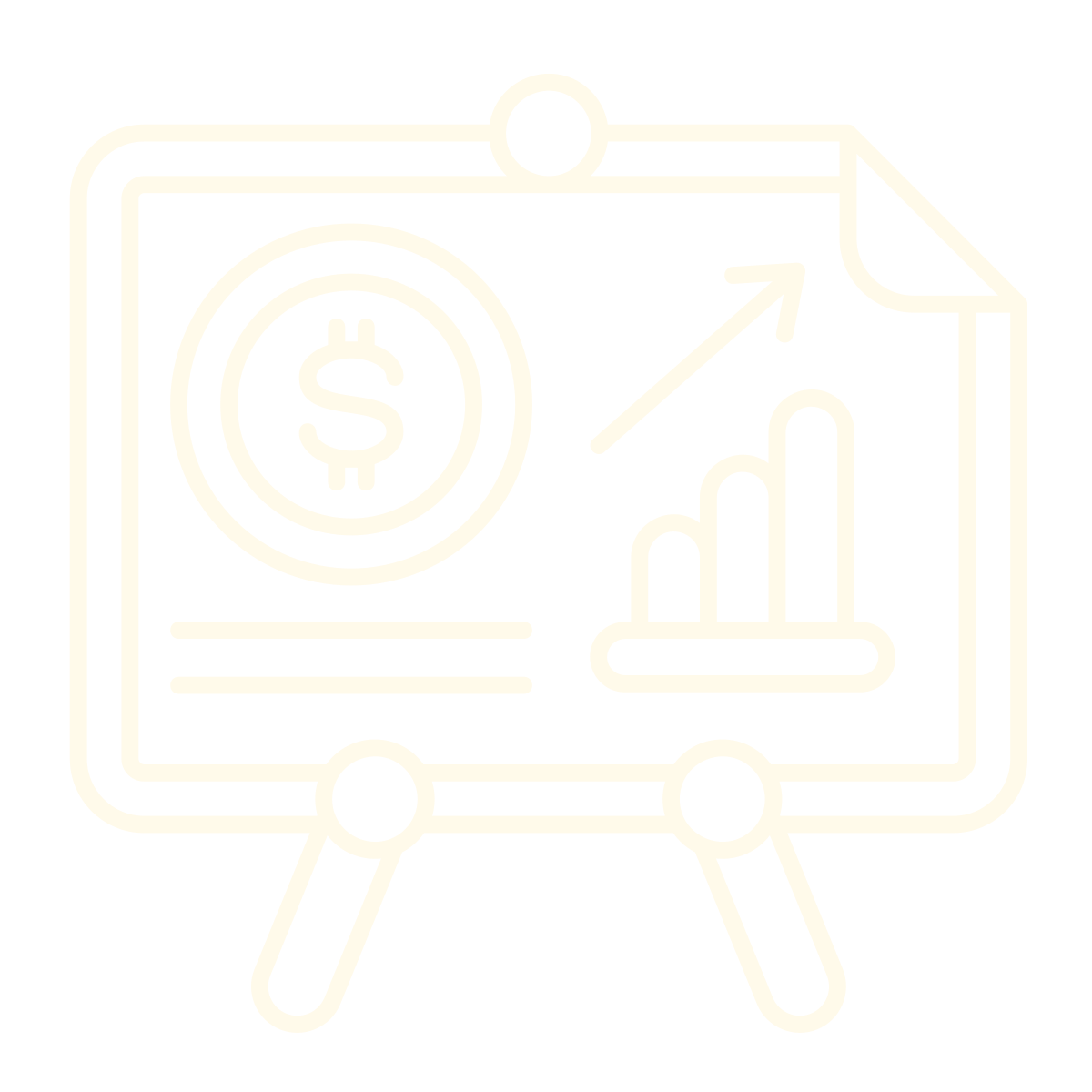 Line drawing of a presentation board with a dollar sign inside a circle, an upward trending arrow, and a bar graph with increasing bars.