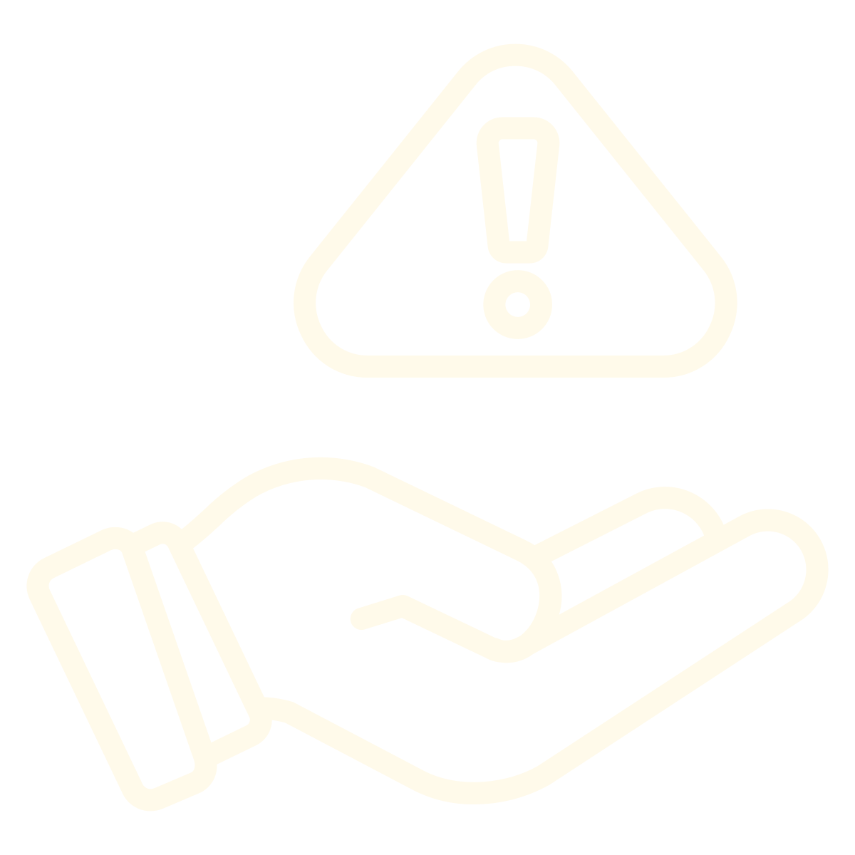 Warning icon above a hand illustration, indicating caution or alert.