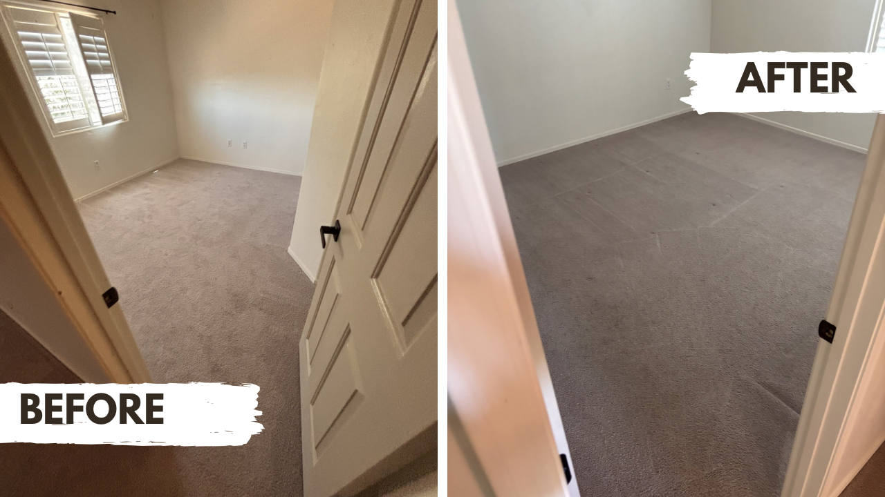 Side-by-side comparison of a clean, empty room before and after carpet cleaning. The 'before' image shows a beige carpet with visible stains, while the 'after' image shows a freshly cleaned carpet with no stains.
