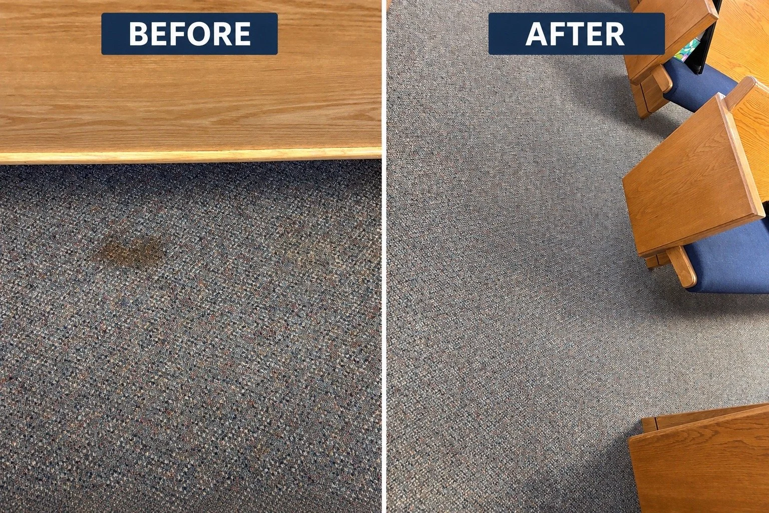 Comparison of carpeted floors before and after cleaning, with the before showing a stained carpet and the after showing a clean, stain-free carpet.