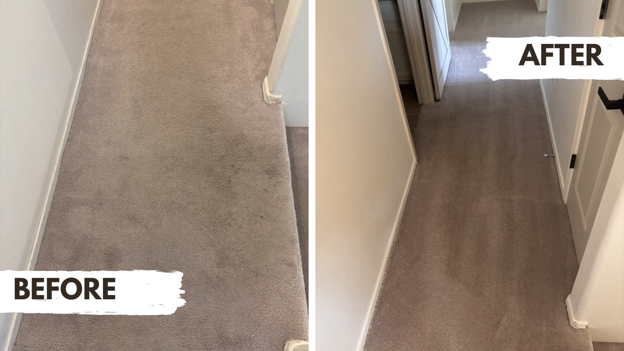 Comparison of carpeted hallway before and after cleaning. The before side shows a light gray carpet with visible dirt and stains. The after side shows the same carpet cleaned, looking darker and cleaner.