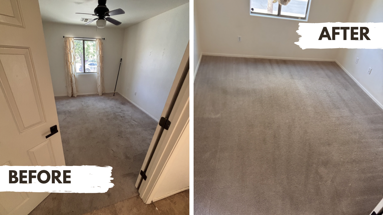 Comparison of a room before and after cleaning or renovation; the left side shows a cluttered room with a ceiling fan, window with curtains, and beige carpet, while the right side shows the same room after cleanup, with clean beige carpet, no curtain