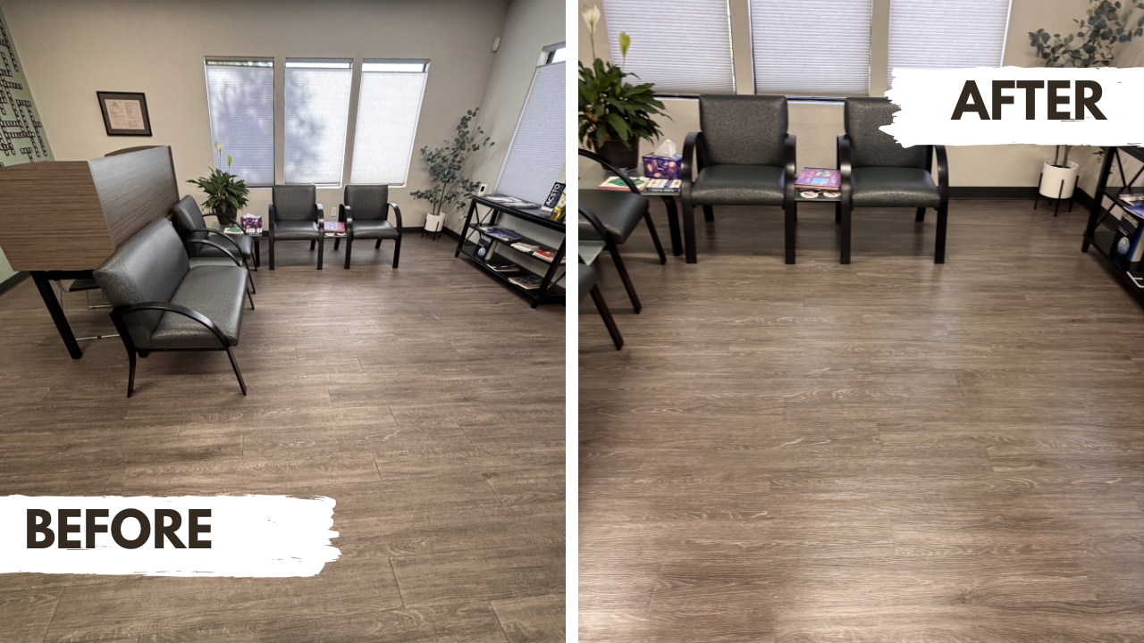 Comparison of an office waiting area before and after deep laminate floor cleaning.