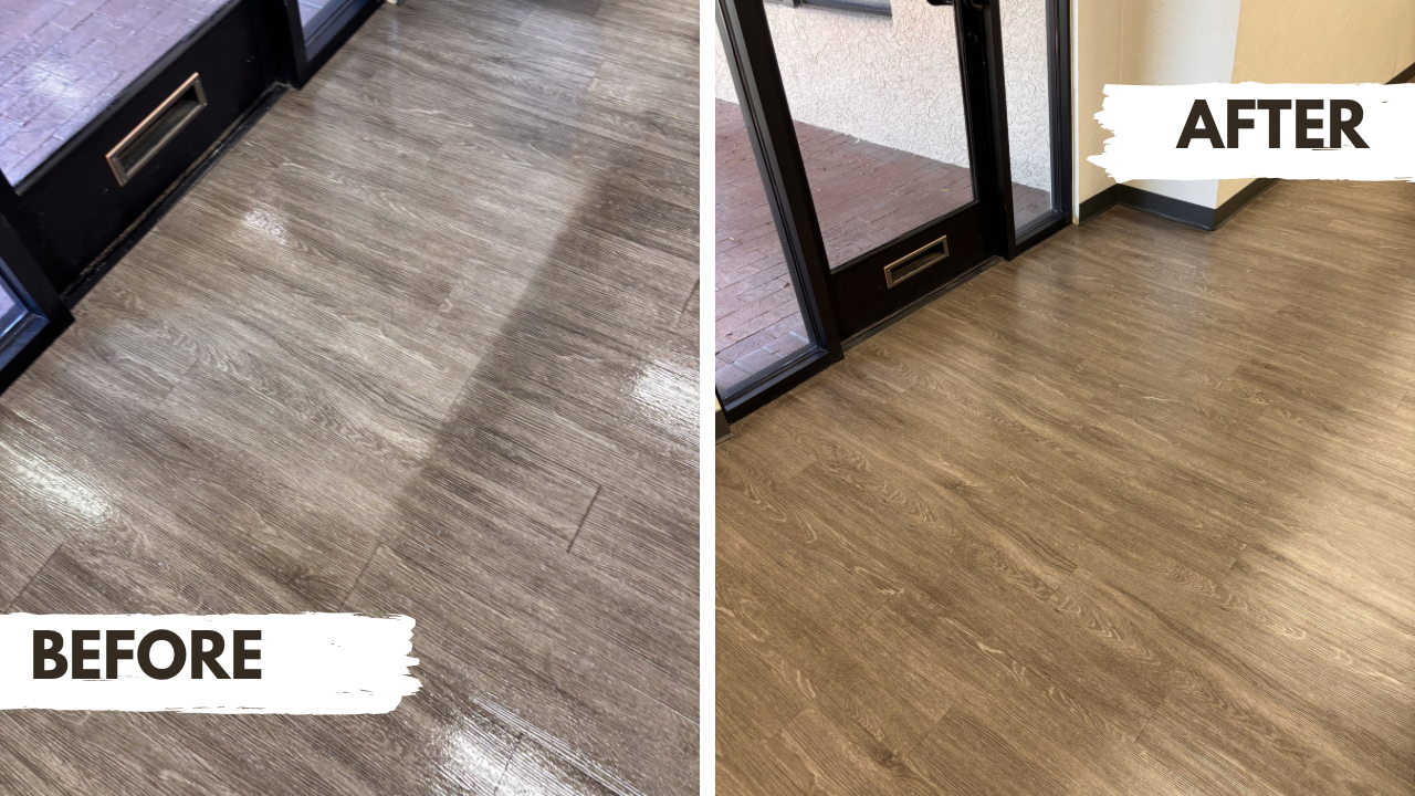 Side-by-side comparison of a wooden floor before and after cleaning or refinishing, with the 'before' showing a dirtier, glossier surface and the 'after' showing a cleaner, matte finish.