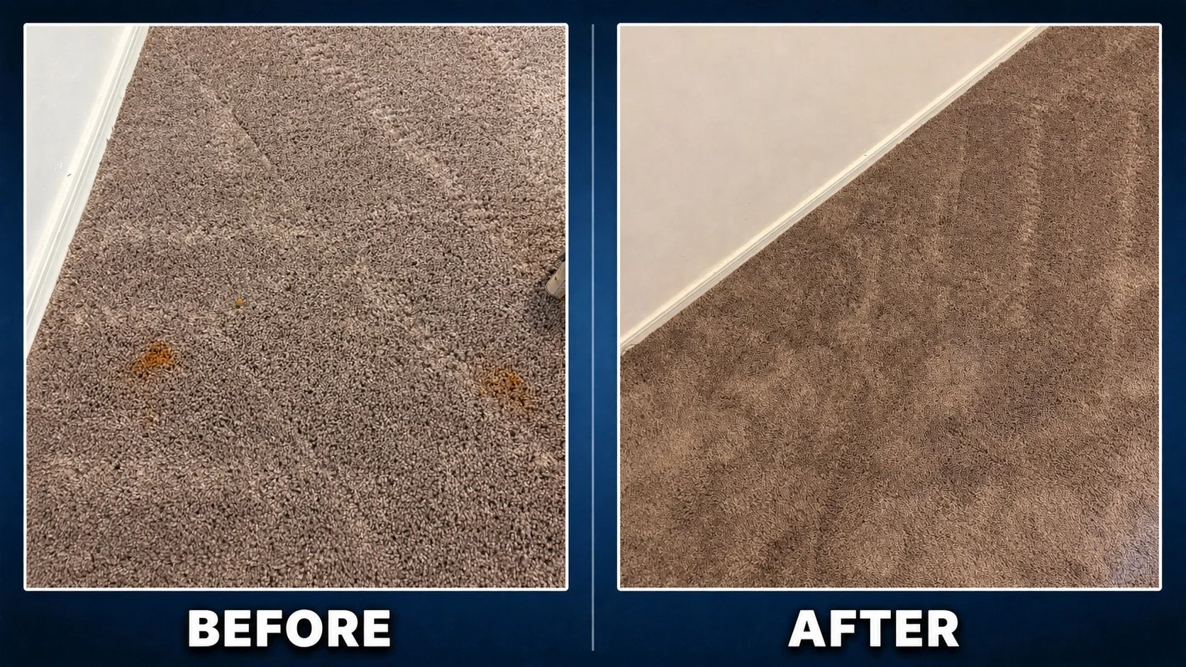 Comparison of a stained, dirty carpet before and after cleaning. The left side shows a beige carpet with visible stains marked in orange, while the right side shows a clean, freshly vacuumed carpet.