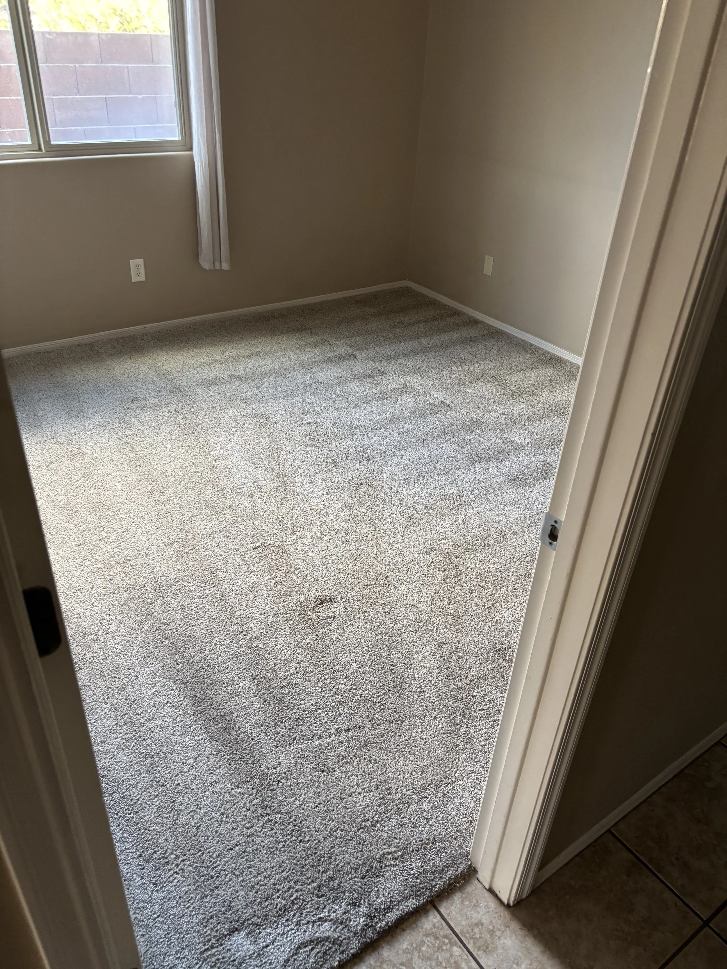 Empty beige carpeted room with window, beige walls, and electric outlets.