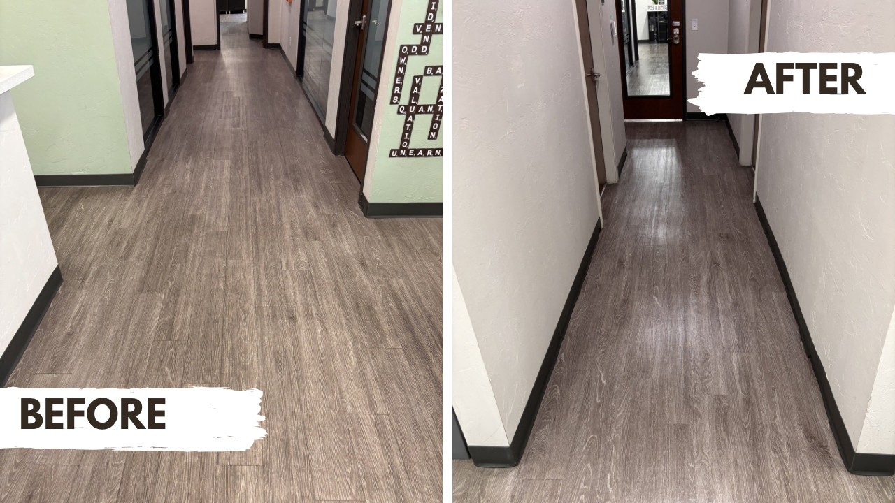 Comparison of hallway flooring before and after restoration, showing cleaner and darker wood-like floors. 'Before' on the left and 'After' on the right.