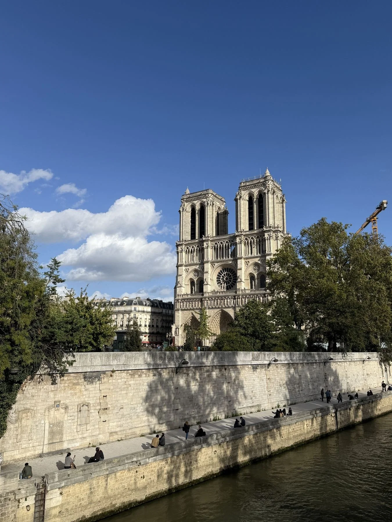 The photo features the Notre-Dame Cathedral in Paris, France, with two tall gothic towers and a large rose window. The cathedral is surrounded by trees, low walls, and people sitting along the riverbank of the Seine, which is in the foreground. The s