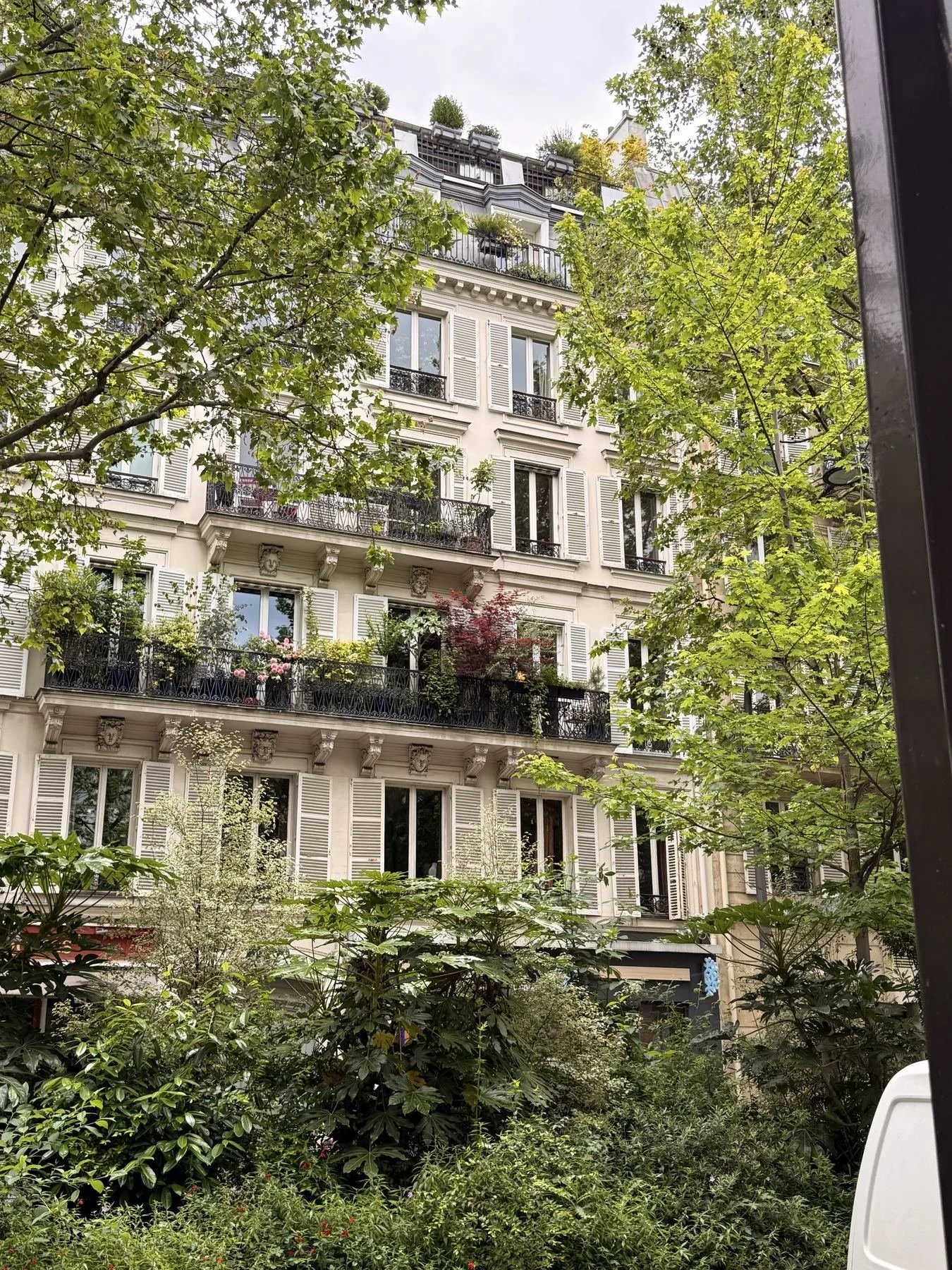 A multi-story Parisian building with white facade, black iron balconies, and many potted plants on the balconies, seen through lush green trees in the foreground.