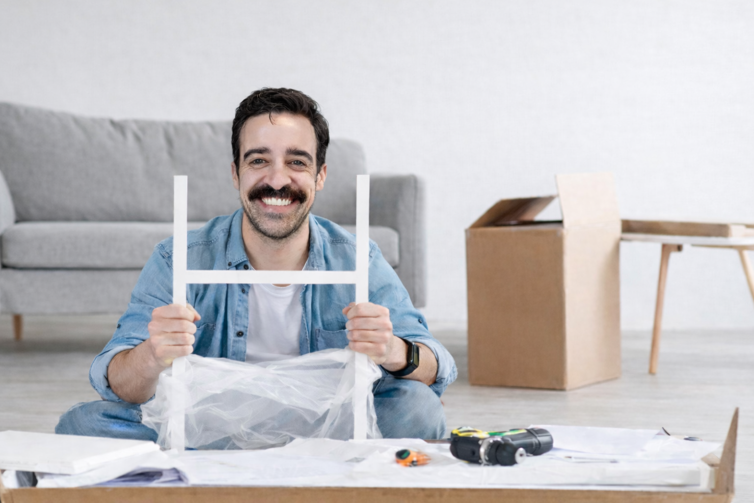 A smiling man with dark hair and a beard, wearing a light blue shirt, sitting indoors near a gray sofa, holding a white frame and surrounded by unpacked tools and materials on a table, with a cardboard box in the background.