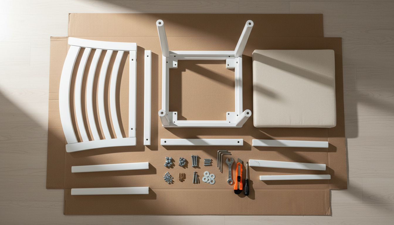 Disassembled white chair parts, including the backrest, four legs, a seat, a hardware bag, screws, nuts, washers, tools, and assembly instructions, placed on a cardboard surface.