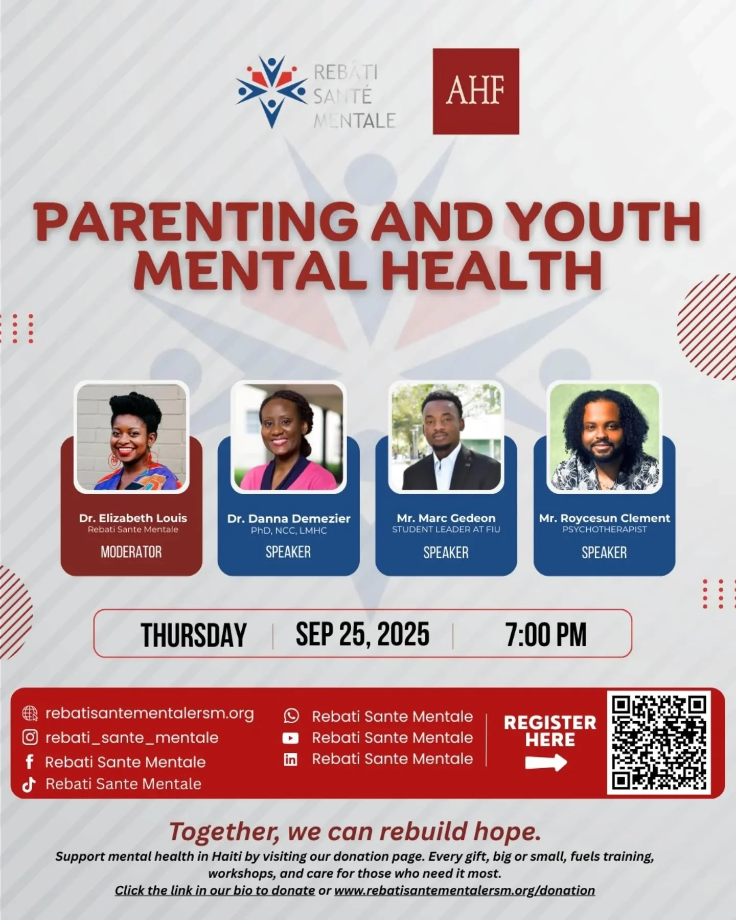 🌍✨ Parenting &amp; Youth Mental Health: A Conversation That Matters ✨🌍

Rebati Sante Mentale, in partnership with AHF, invites you to join us for an engaging discussion on Parenting and Youth Mental Health. 🧠💬 This important event will explore ho