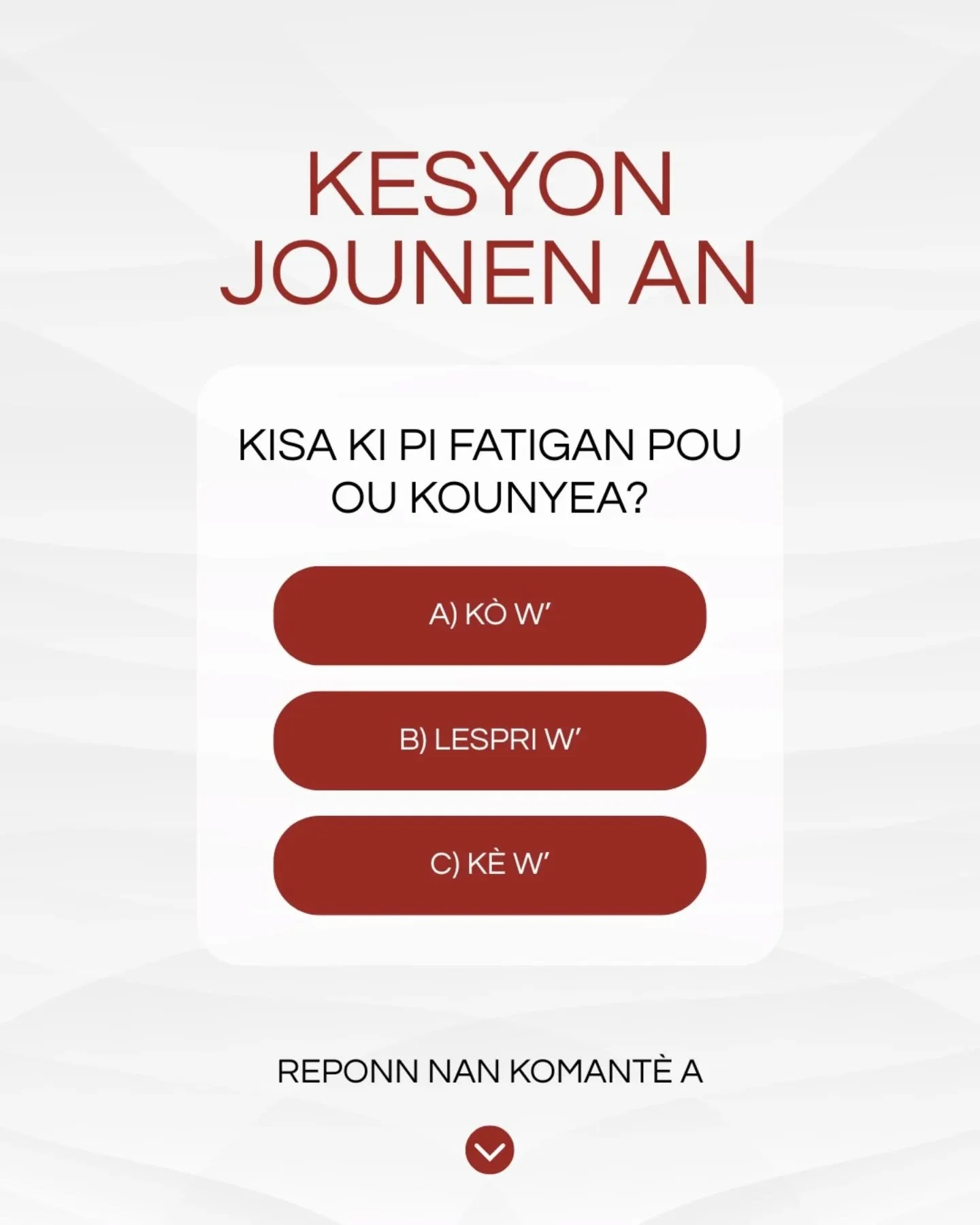Question of the day: What's been draining you the most lately?

Kesyon jounen an: Kisa ki pi fatigan pou ou kounyea?

#rsm #mentalhealth #ayiti #RebatiSanteMantal #fear