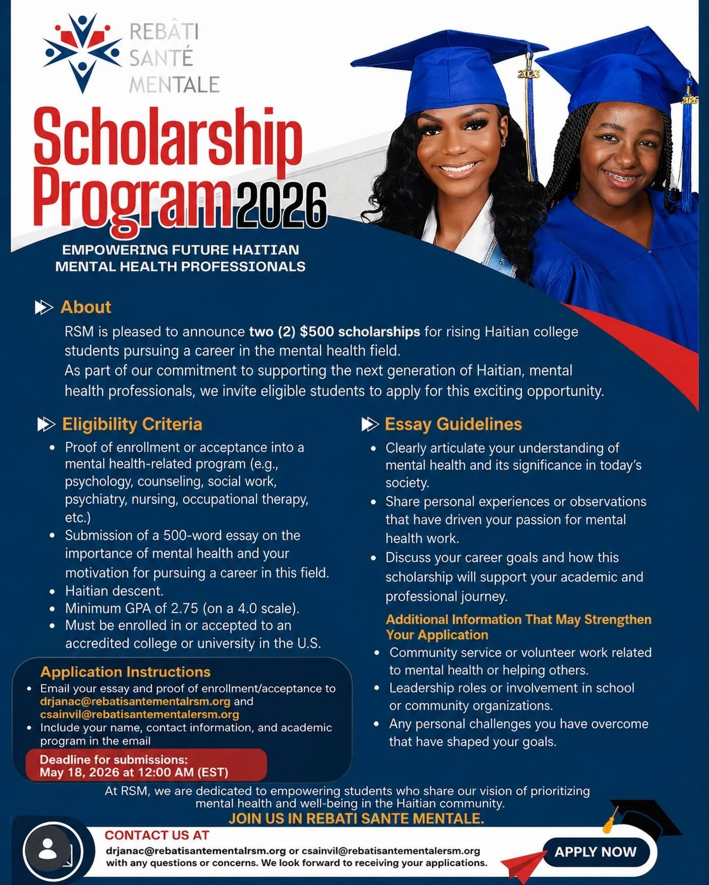 🎓✨ Investing in the Future of Mental Health ✨🎓

At Rebati Sant&eacute; Mentale, we believe the next generation of Haitian mental health professionals deserves to be supported, seen, and celebrated. 🇭🇹💙

We are proud to announce our 2026 Scholars