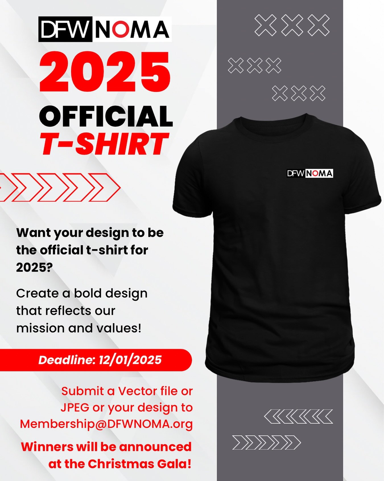 We want YOU!!
Join the DFWNOMA T-shirt design competition. Winning design will be announced at our Christmas Gala. 
Submission deadline 12/01. 

#dfwnoma #noma #tshirt #design