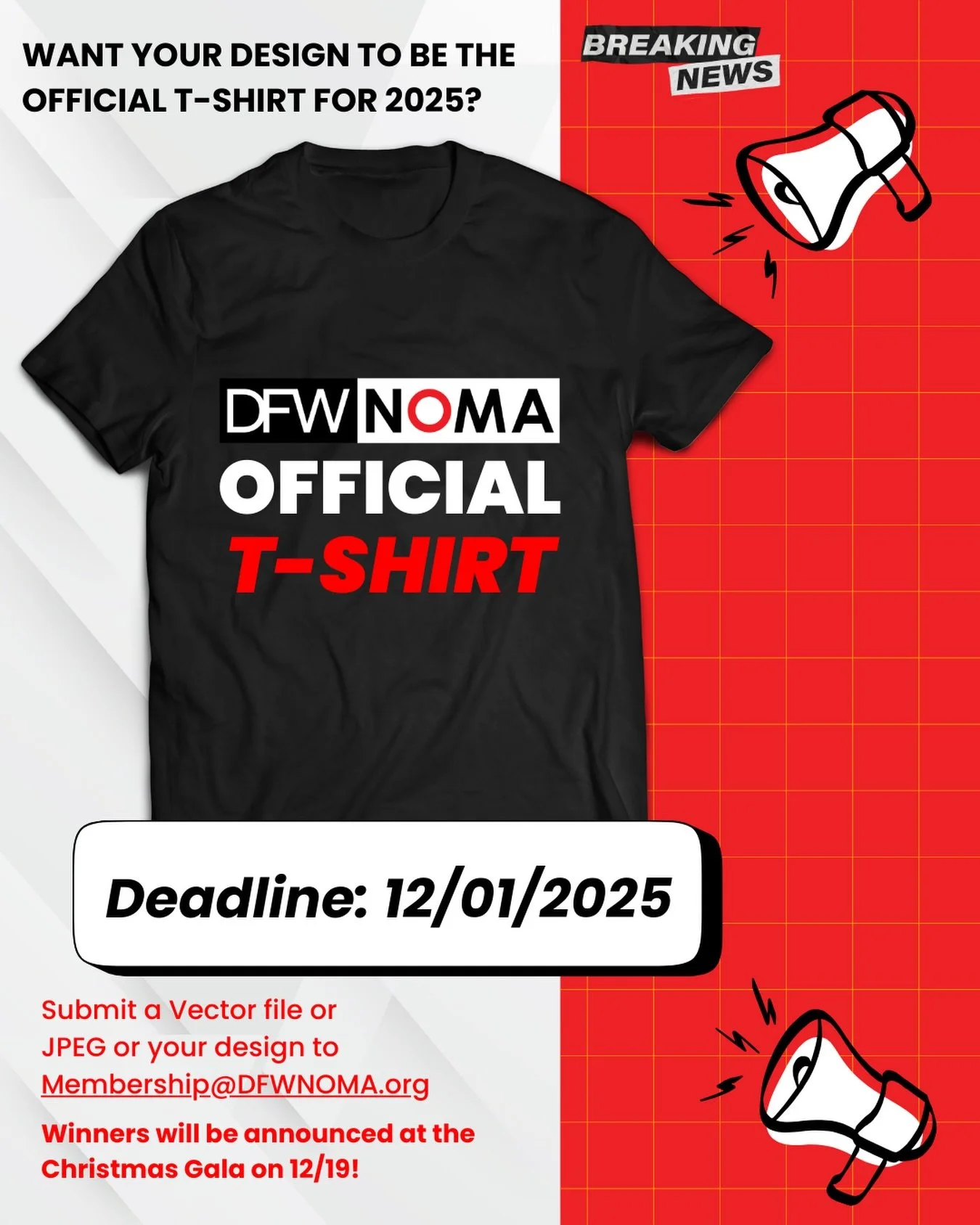 Don&rsquo;t forget to turn in your entries to the DFWNOMA T-shirt design competition.
Submission deadline 12/01!
Winning design will be announced at our Christmas Gala. 

#dfwnoma #noma #tshirt #design