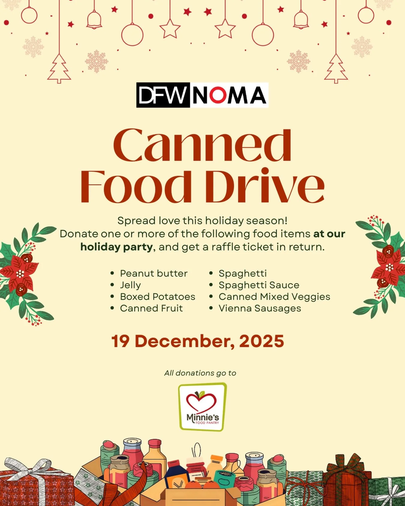 Join us in spreading some holiday cheer this season with @minniespantry Donate one or more of the following food items at our Holiday Party, and get a raffle ticket in return. Preferred goods are; Peanut butter, Jelly, Boxed Potatoes, Canned Fruit, S