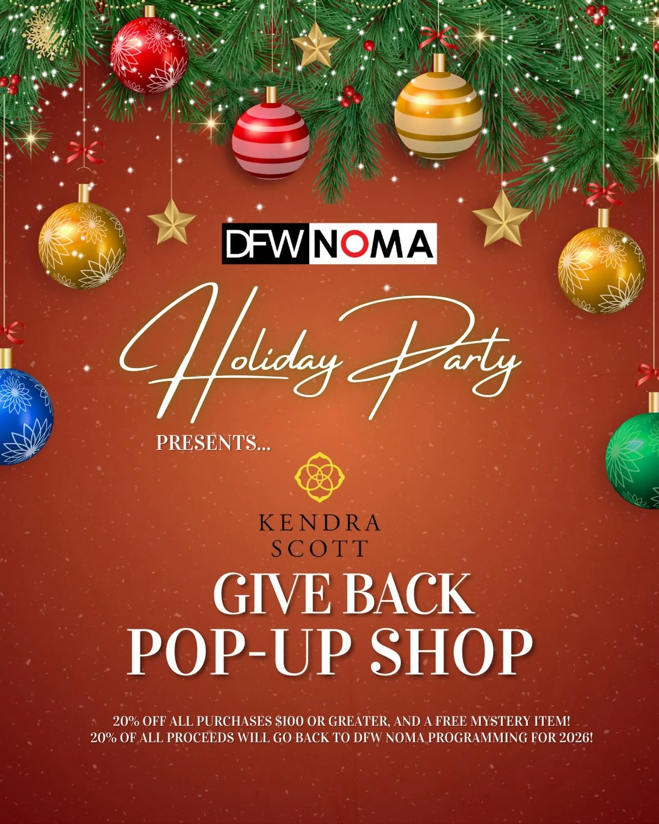 As part of our Holiday Party festivities, @kendrascott will be have a a Pop-up Shop! Get 20% of all purchases $100 or greater, and a free gift! 20% of all proceeds will be donated back to @dfwnoma_  for our 2026 programming! 

#dfwnoma #kendrascott #