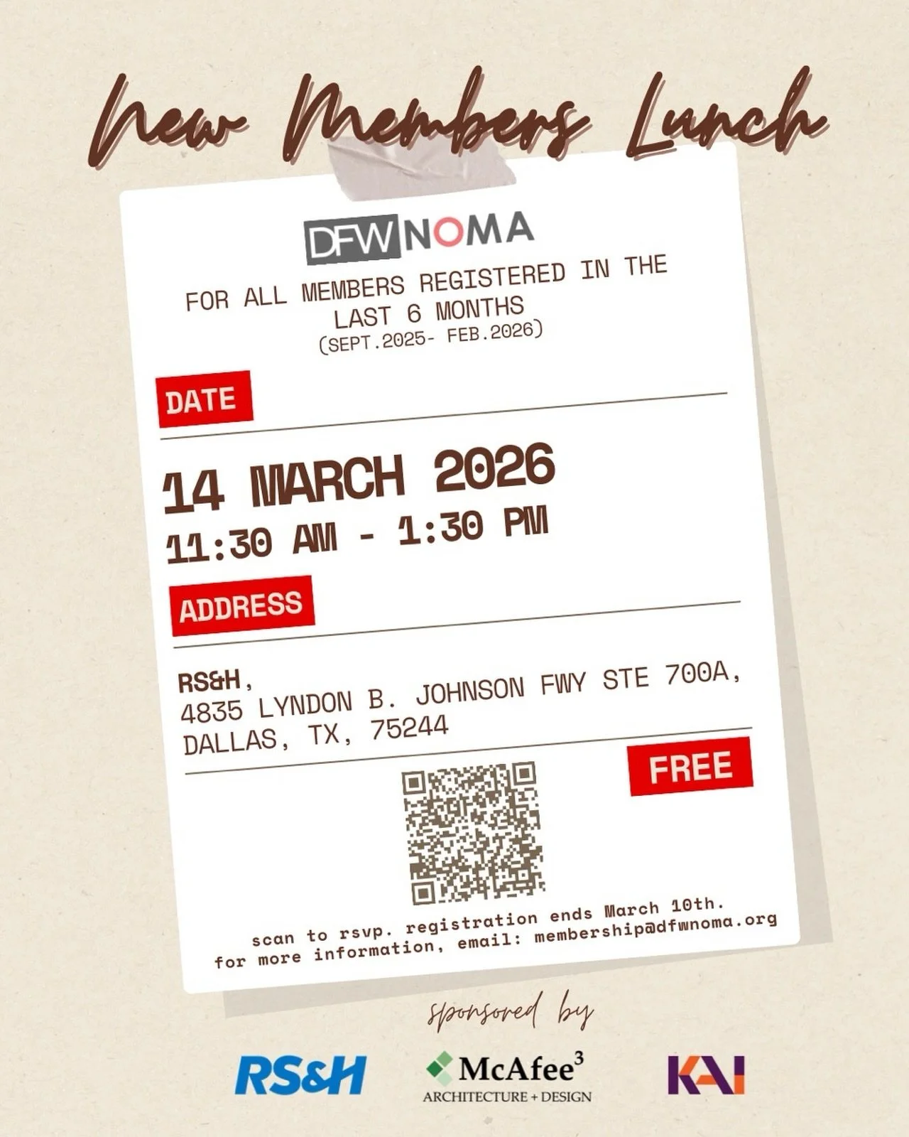 Join us on March 14th at 11:30am to meet our local chapter board members and network with other new members at our Welcome Lunch hosted at @wearersandh 

This event is for ALL new members that have joined NOMA within the last 6months. 

Click this li