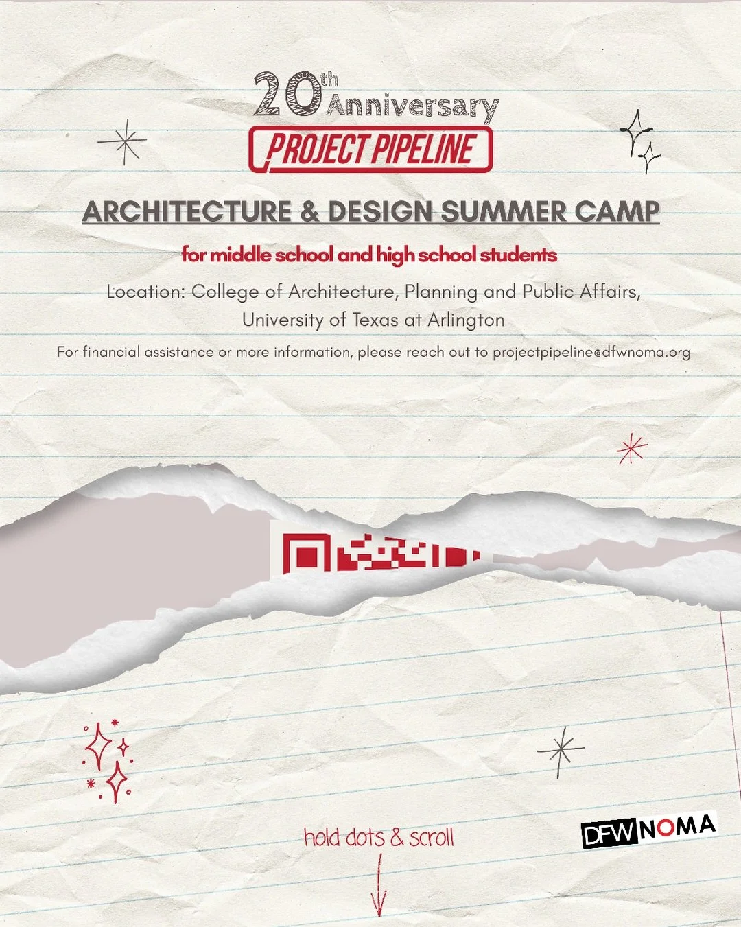 Hold dots and scroll ➡️ to reveal!

Registration is open for the 3-day 2026 DFWNOMA Project Pipeline Architecture and Design Camp. 

This summer camp program will guide middle school and high school students through all stages of design using thought