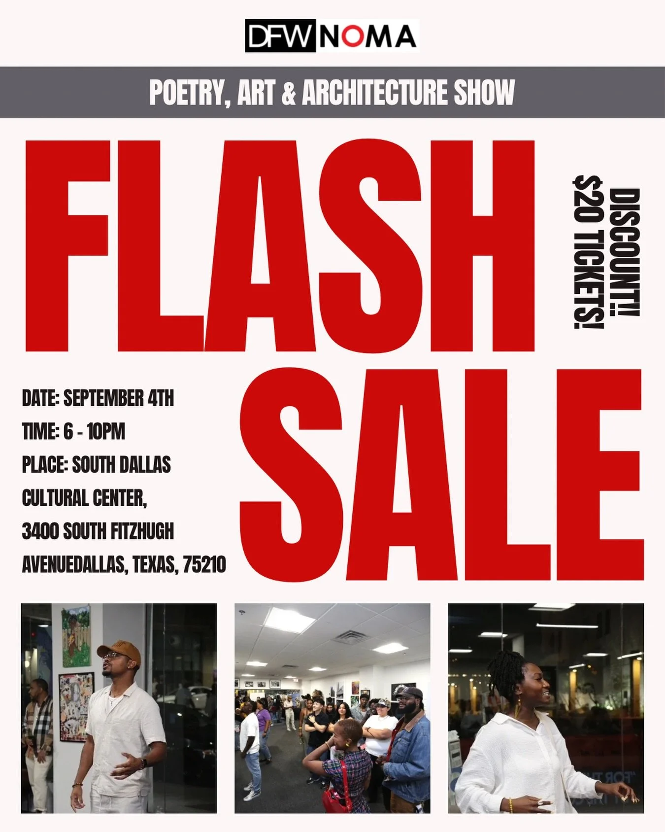 This Friday! Don&rsquo;t miss out on a night to remember with Dallas&rsquo; very own Poets, Artists, Musicians all under one roof plus food &amp; drinks at the South Dallas Cultural Center. Grab a friend and grab your tickets now! Tickets are only $2